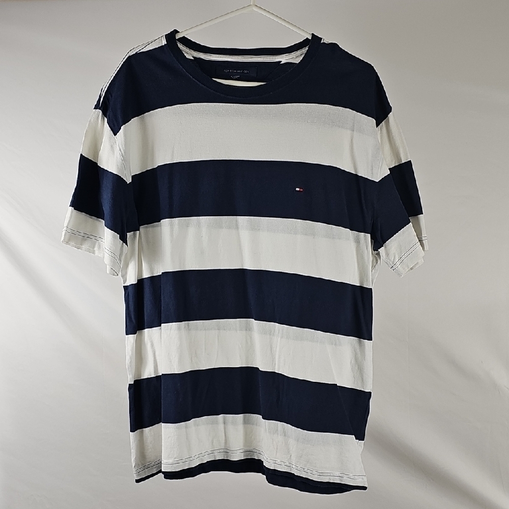Tommy Hilfiger Blue and White Striped Short Sleeve Tee
